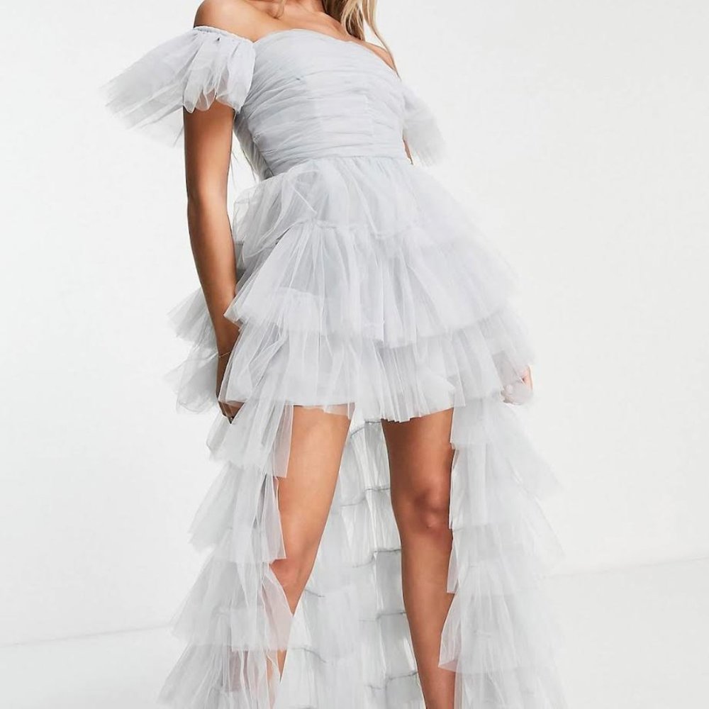 Lace & Beads Ruffle Shoulder High Low Maxi Evening Dress